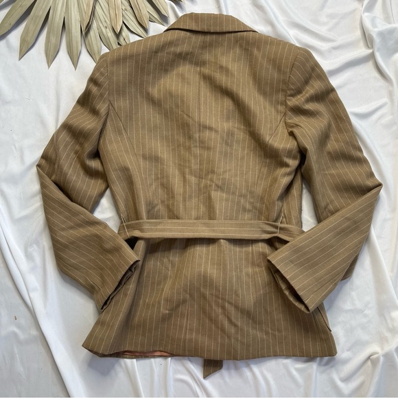 Oscar De La Renta 100% Wool Tie Front Neutral Beige Cream Belted Blazer Jacket - Picture 6 of 7